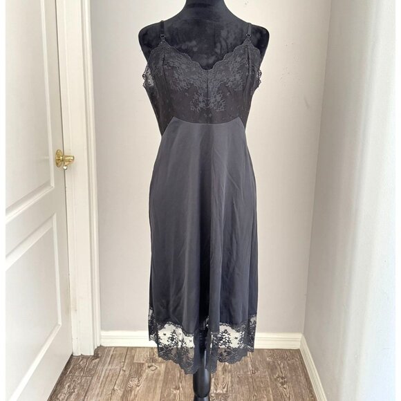 Vintage 60s Vanity Fair Silky Satin Onyx Black Lace‎ Pinup Full Slip Dress 36 - Picture 1 of 8